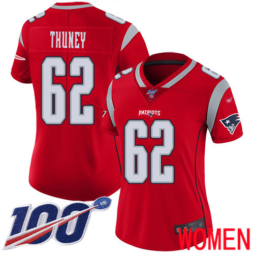 New England Patriots Football #62 100th Season Inverted Limited Red Women Joe Thuney NFL Jersey